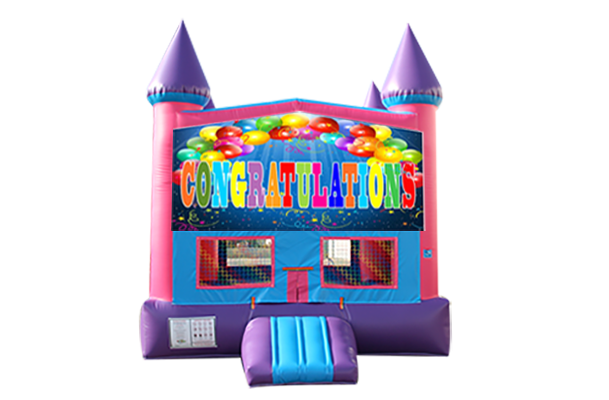 Congratulations Pink and Purple Castle Moonwalk w/ basketball goal