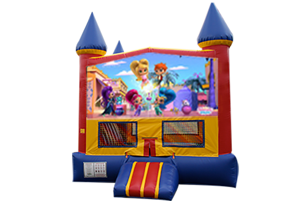 Shimmer and Shine Red, Yellow, Blue Castle Moonwalk w/basketball goal