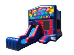 Happy Birthday Mini Red & Blue Bounce House Combo w/ Single Lane Dry Slide