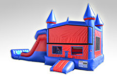 A Red and Blue Bounce House Combo w/Dual Lane Dry Slide