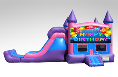 Happy Birthday Pink and Purple Bounce House Combo w/Single Lane Dry Slide