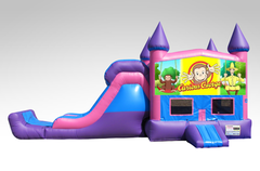 Curious George Pink and Purple Bounce House Combo w/Single Lane Dry Slide