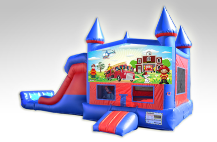 Fireman Red and Blue Bounce House Combo w/Dual Lane Dry Slide