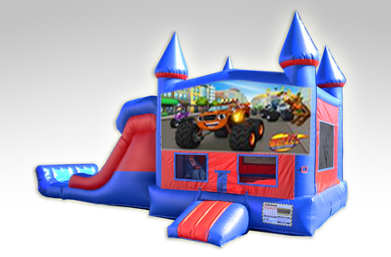 Blaze Red and Blue Bounce House Combo w/Dual Lane Dry Slide