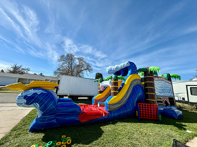 Shark themed inflatable bounce house with a slide set up next to a driveway to play inside