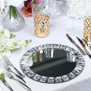 13" Silver Jeweled Rim Premium Glass Mirror Charger Plates