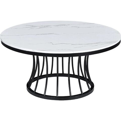 Nessa White Coffee Table, Faux Marble Top and Black Cage Base Nessa White Coffee Table, Faux Marble Top and Black Cage Base