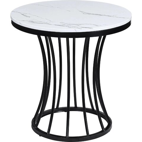 Nessa White Side-End Table, Faux Marble Top and Black Cage Base Nessa White Side-End Table, Faux Marble Top and Black Cage Base