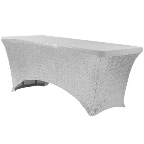 Silver Sequin Spandex 6' Rectangular Table Cover Silver Sequin Spandex 6' Rectangular Table Cover