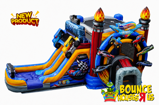 Monster Truck Race Car Bounce House with Double Lane Slide Monster Truck Race Car Bounce House with Double Lane Slide