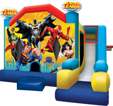 Justice League superheroes Inflatable Bounce House Rentals in Naperville offer a variety of options for bounce houses and water slide rentals, including moon jumps and moonwalks.
