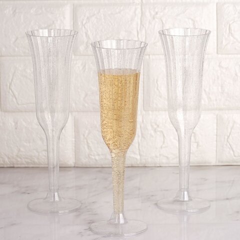 Disposable Champagne Flutes - Clear glitter 6oz Disposable Champagne Flutes - Clear glitter 6oz