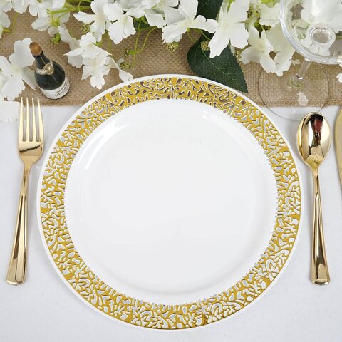 Disposable Dinner Plates - Gold Checkered Rim Disposable Dinner Plates - Gold Checkered Rim