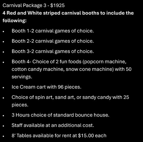 Carnival Package #3 $1925 Carnival Package #3 $1925