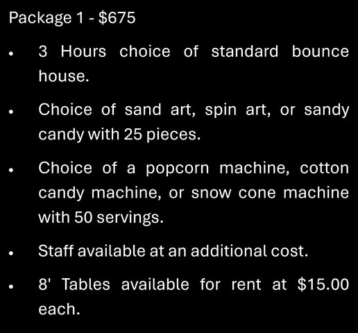 Party Package #1 $675 Party Package #1 $675