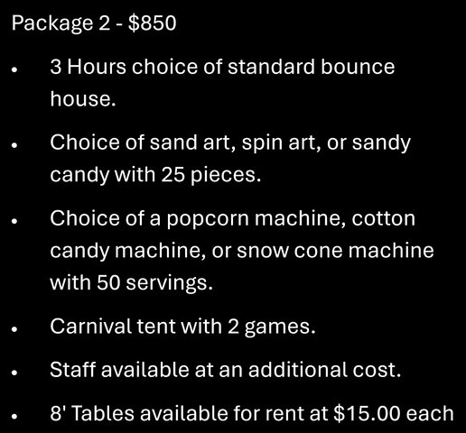 Party Package #2 $850 Party Package #2 $850