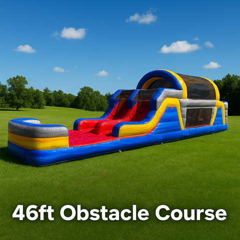 46ft Rip Curl Obstacle Course w/ Dual Slide 46ft Rip Curl Obstacle Course w/ Dual Slide