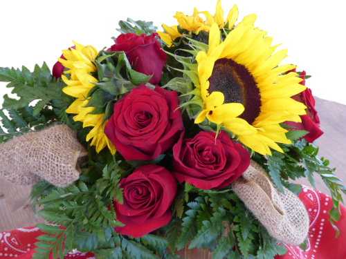 Centerpiece - Sunflowers and Red Roses - Burlap