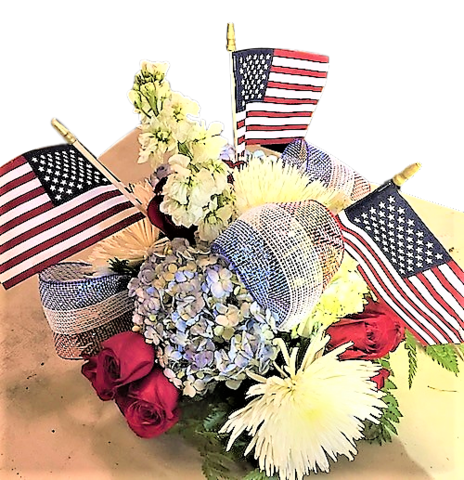 Centerpiece - Patriotic - Blue Hydrangea, Red Rose, and White w/ flags