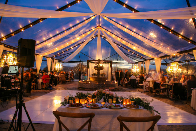 40X40 Tent Clear Top Swag Drapes & Bistro Lights 