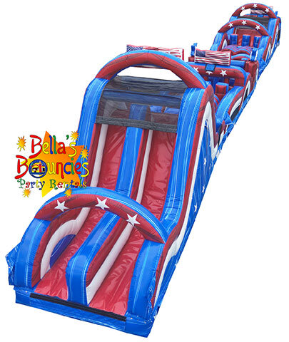 95ft Rad Run All American obstacle course inflatable rental with red white and blue patriotic theme from Bella’s Bouncies