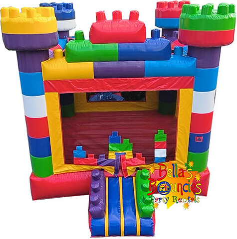 Colorful block themed bounce house inflatable rental for kids birthday parties from Bella’s Bouncies