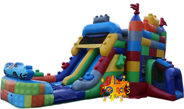 Colorful block themed double lane bounce house combo with slide and splash pool rental from Bella’s Bouncies