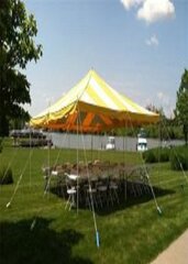 Do it Yourself Set of 20 x 20 Pole Tent Striped White & Yellow w/4 Tables, 30 Folding Chair White Outdoor and Linens  (White, Ivory or Black. Tools Not Included) Staked in the ground