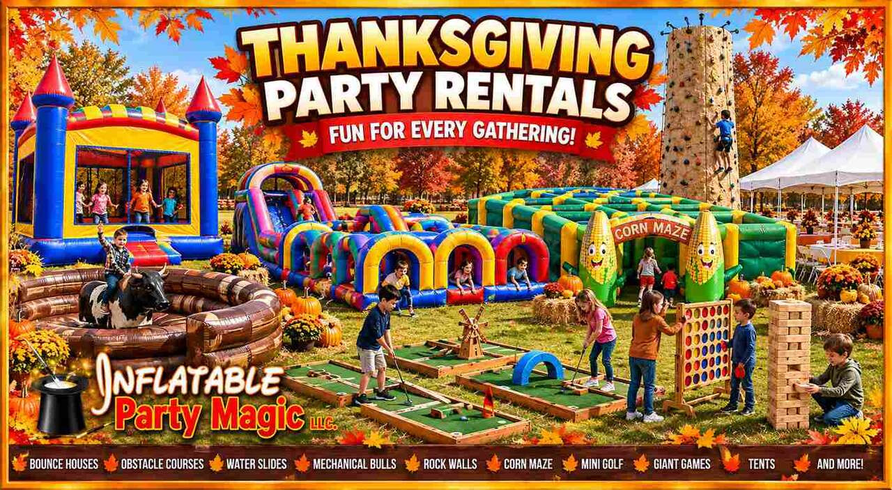 Thanksgiving party rentals from Inflatable Party Magic: bounce houses, obstacle courses, corn maze, mini golf, giant games and tents Thanksgiving party rentals in DFW from Inflatable Party Magic
