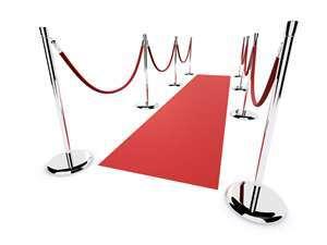 3x25 Ft Red Carpet Rental,  10 Stanchion and 8 Red Velvet Rope Package