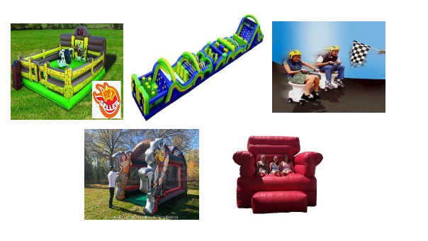 7. Wild & Wacky Party Package -  Mechanical Bull, 100ft Obstacle Course, Toilet Racers, Axe Throwing, Facebook Photo Chair, 3 generators. 3 staff members