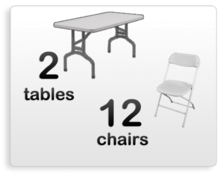 2 six foot tables with 12 white chairs 2 six foot tables with 12 white chairs