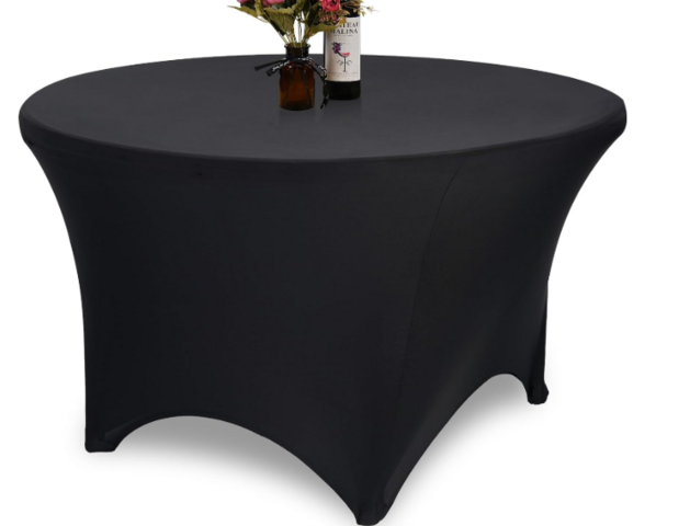 48 inch Round White Table with black fitted tablecloths on request 48 inch Round White Table with black fitted tablecloths on request