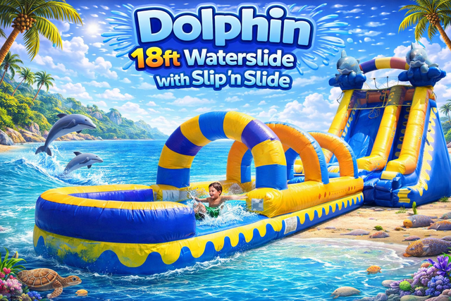 Dolphin 18ft Waterslide with Slip and Slide - 48 Feet Long Dolphin 18ft Waterslide with Slip and Slide - 48 Feet Long