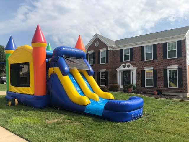 Wet or Dry Rainbow Double Lane Bounce House Slide Combo Wet or Dry Rainbow Double Lane Bounce House Slide Combo