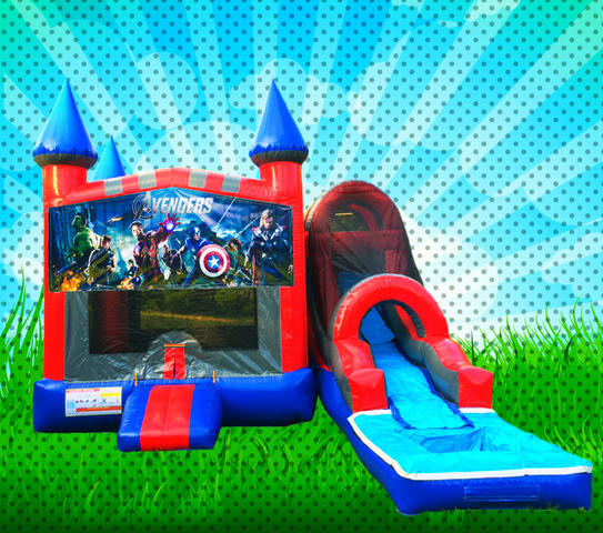 WET SUPER HEROS Red, Blue, Gray Colors Combo Bounce House 