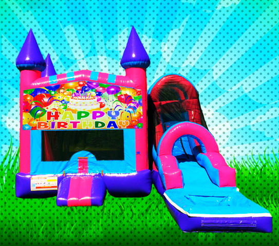 WET HAPPY BIRTHDAY Pink, Purple, Light Blue Colors Combo Bounce House 