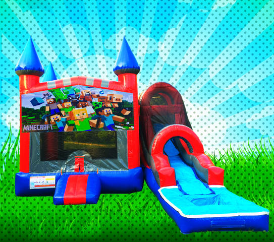 WET MINECRAFT Red, Blue, Gray Colors Combo Bounce House 