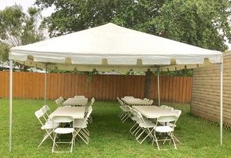 (Package #1) 15' x 15' Tent. (4) Tables, 24 Chairs (Package #1) 15' x 15' Tent. (4) Tables, 24 Chairs