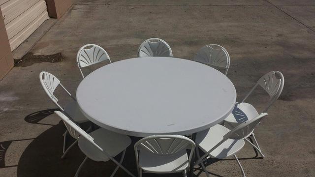 Set 60in Round Table and 8 White Chairs Set 60in Round Table and 8 White Chairs