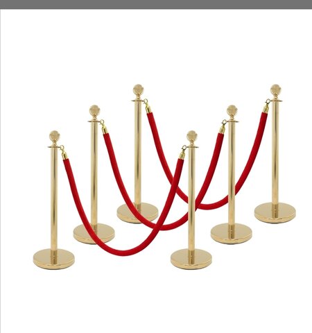 5 ft red rope and gold Stanchions 6 poles 3 ropes with runner 5 ft red rope and gold Stanchions 6 poles 3 ropes with runner