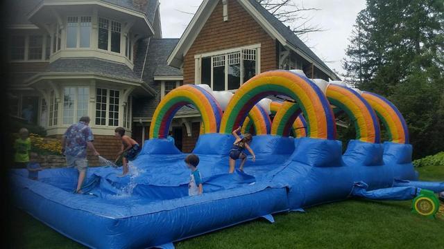 33 X 18 - 2 Lane Rainbow Slip and Slide With Pool (HAS A BRIGHT BLUE BOTTOM) (Requires 2 Blowers) - LT 33 X 18 - 2 Lane Rainbow Slip and Slide With Pool (HAS A BRIGHT BLUE BOTTOM) (Requires 2 Blowers) - LT