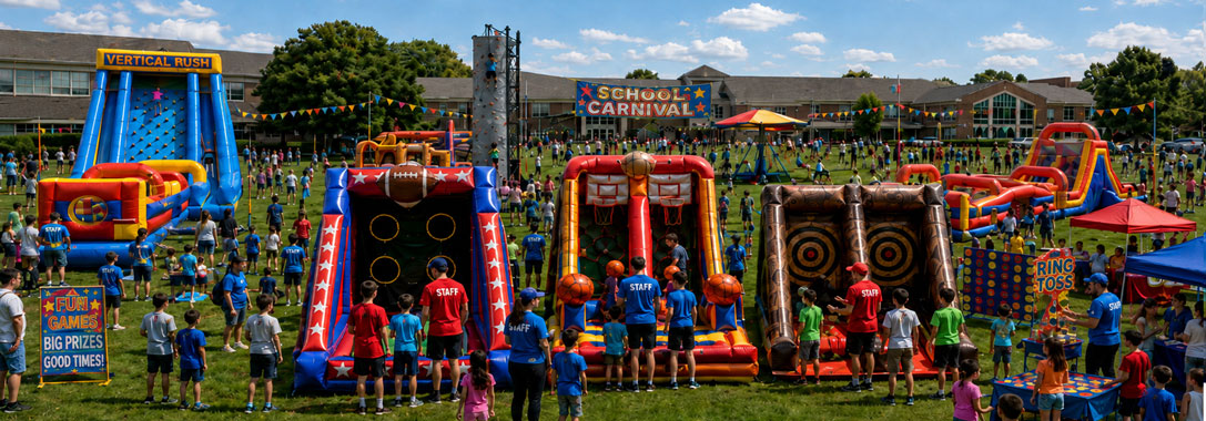 School event with inflatable attractions, carnival games, rock wall and obstacle courses from Utah Inflatables
