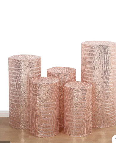 Set of 5 Rose Gold Sequin Mesh Cylinder Pedestal Pillar Prop Covers with Geometric Pattern Embroidery, Sparkly Sheer Tulle Display Box Stand Covers Set of 5 Rose Gold Sequin Mesh Cylinder Pedestal Pillar Prop Covers with Geometric Pattern Embroidery, Sparkly Sheer Tulle Display Box Stand Covers