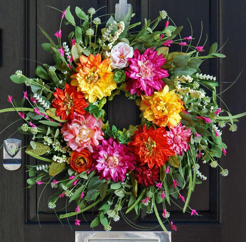 Artificial Silk Spring Summer Wreath-Lifelike&Full in Shape,24in Handmade Front Door Wreath Large Indoor Outdoor Green Wreath with Brightly Dahlia Peony Flowers- Farmhouse Home Decor Artificial Silk Spring Summer Wreath-Lifelike&Full in Shape,24in Handmade Front Door Wreath Large Indoor Outdoor Green Wreath with Brightly Dahlia Peony Flowers- Farmhouse Home Decor