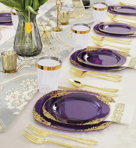 70pcs, Golden Border Embossed High-end Purple Party Tableware Set, Embossed Hard Plastic Tableware, Party Dining Plates, For Weddings And Birthdays (7 Inch Plates * 10, 9 Inch Plates * 10, Cups * 10, Tissues * 10, 10 Knives, Forks, Spoons Each) 70pcs, Golden Border Embossed High-end Purple Party Tableware Set, Embossed Hard Plastic Tableware, Party Dining Plates, For Weddings And Birthdays (7 Inch Plates * 10, 9 Inch Plates * 10, Cups * 10, Tissues * 10, 10 Knives, Forks, Spoons Each)