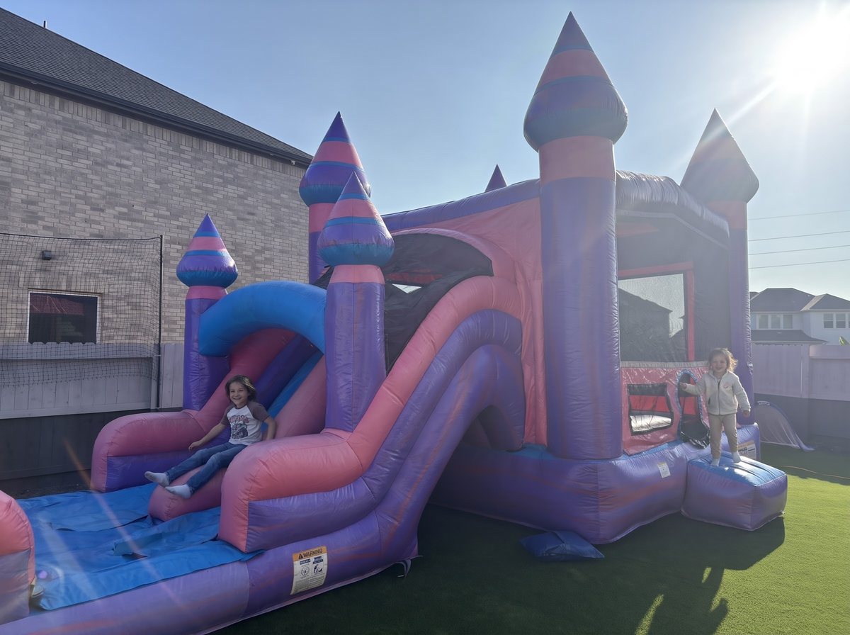 Princess Palace combo with slide set up in a Sugar Land backyard