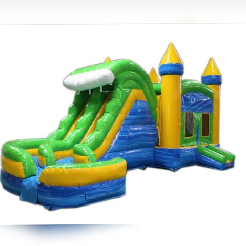 Sunny Slime Up is a dual lane slide with splash pool, bounce house. Enclosed Basketball Hoop. AVAILABLE WET OR DRY. 