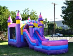 Bella is a 5 in 1 Bounce House Combo Inflatable. It's a slide, bounce house, climb wall, tunnel and enclosed basketball hoop. A single Lane Wet/Dry Slide with a landing zone to provide hours of super, duper fun. There's a tunnel under the slide that kids 