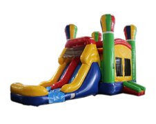 Crayola Crayon is a bounce house with slide and landing splash pool area. Includes an enclosed basketball hoop.